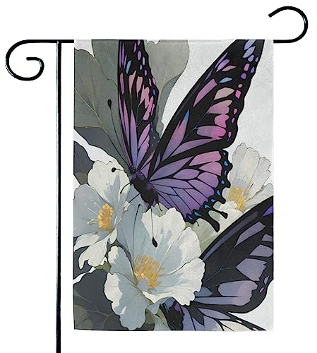 Herbst-Willkommens-Gartenflagge mit Blumenmuster, 30,5 x 45,7 cm, doppelseitig, außen, vertikal, rustikal, Bauernhaus, saisonale Feiertage, Hofflagge (violette Schmetterlinge auf Blumen. jpg 71,1 x