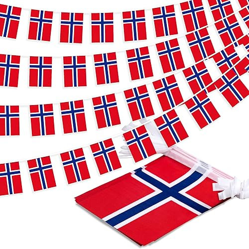 Norwegen String Flag Pennant Banner, Small Mini Norwegian Nordmann Flags Bunting Banner, National Country Decoration for School, Party, Sports Events, Patriotic Festival, 33 Feet 30 Flags