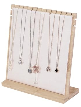 Justsoso Bambus Halskette Display Ständer, Holz Schmuck Halskette Halter, Kette Schmuck Rack Organizer, Tischplatte Display Boards für Zuhause oder Shop Sell Show (Beige Samt)