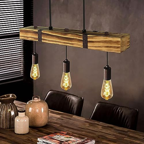 GBLY Pendelleuchte Esstisch aus Holz Vintage Hängelampe Retro Esszimmerlampe in 61CM Holzbalken - 3 x E27 4Watt ST64 Warmweiß 2700K Höhenverstellbar Industrial Pendellampe für Esszimmer Wohnzimmer