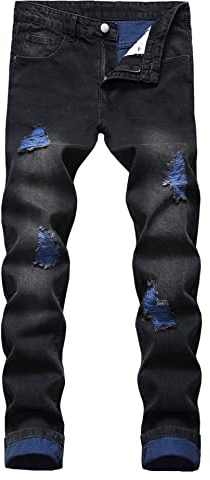 Baylvn Men's Ripped Distressed Destroyed Straight Slim Fit Jeans Skinny Casual Fashion Denim Pants, S-Black, 36