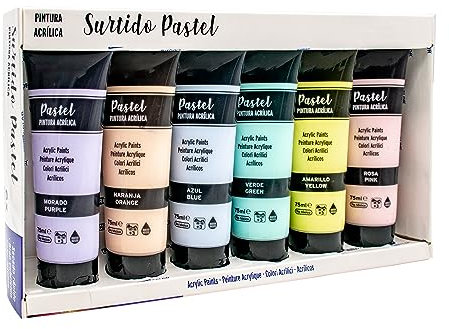 Pintura Acrílica Multiusos - Pack 6 Colores x 75ml No Tóxicos, Secado Rápido, Resistente al Agua - Para Artistas Adultos y Niños (Pastel)