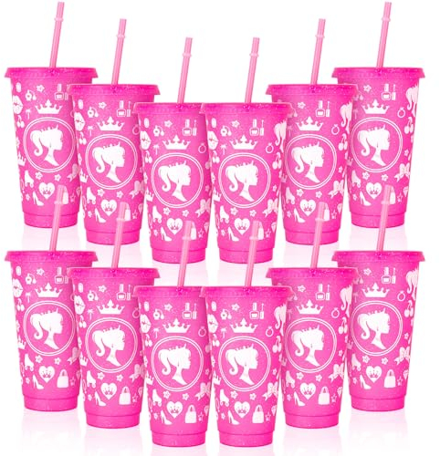 XLSXEXCL 12 Pcs Plastic Cups with Lids and Straws Glitter Tumbler 24 oz Travel Mug Cup Plastic Drinking Cups for Juices Parties Birthdays Party Bachelor Party (Hot Pink)