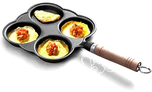 SHOUKAII Bratpfanne, Bratpfanne, Eierpfanne, Gusseisen, 4 Roste, Spiegelei-Kocher, Pfannen, Holzgriff, Induktion, Pfannkuchen-Omelette-Pfanne, Sparen Sie Speiseöl