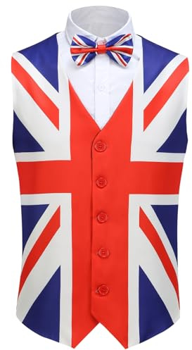 maxToonrain Union Jack Men's Waistcoat with Bow Tie Sleeveless Vest Suit for King's Coronation, The Sovereign's Official Birthday, St George's Day, VE Day, Jubile (X-Large