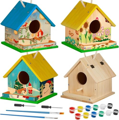 Liliful 2 Sets Wooden DIY Birdhouse Kit, Unfinished Bird Houses with Paints and Paintbrushes, Bird Feeder Craft Arts for Kids Ages 4-8, 8-12, Classroom Activity and Adults Wooden Craft Gifts
