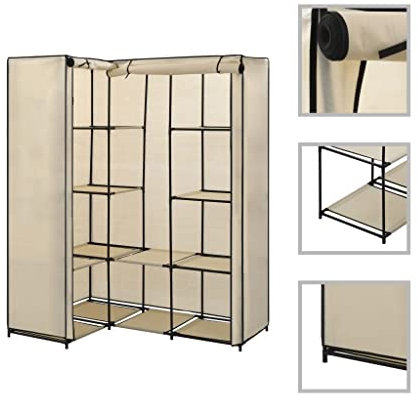 Gecheer Eckkleiderschrank Eckschrank Eck-Kleiderschrank Faltschrank Kleiderstangen Stoffschrank Abmessungen:130 x 87 x 169 cm (B x T x H), Eisenrohr + 100% Polyester,Creme