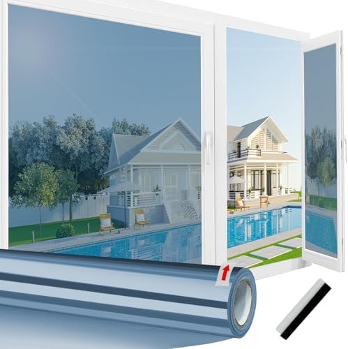 Linarun One Way Window Film Privacy Film for Glass Windows Mirror Reflective Window Film Privacy Heat Control Anti Glare UV Window Tint Film Home Sun Blocker, Static Cling, Blue Silver 30x200