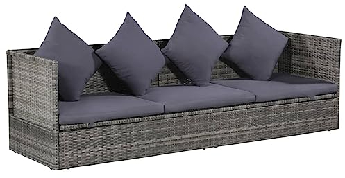 Homgoday Garten Sofabett Gartenbett Gartensofa mit Kissen Gartenliege Loungebett Tagesbett Rattansofa Loungesofa Garten Schlafsofa Gartenbank Sofabett 200x60 cm Poly Rattan Grau