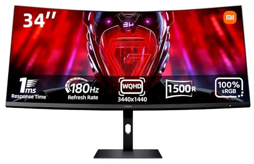 Xiaomi Curved Gaming Monitor 34-inch 180Hz High Reshed Rate 1ms Fast FreeSync Premium Professional Calibration 95% DCI-P3 100% sRGB* Low Blue Light Computer Screen Monitor Desktop Monitor