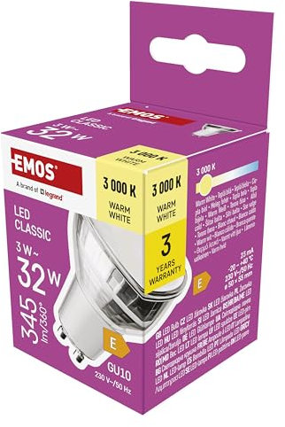 EMOS LED Lampe Spot, MR16 mit GU10 Sockel, 3W Ersatz für 32W Halogenlampe, Helligkeit 345 lm, Warmweiß 3000 K, 30000 h Lebensdauer, CRI min. 80, 100° Abstrahlwinkel, silberne Farbe