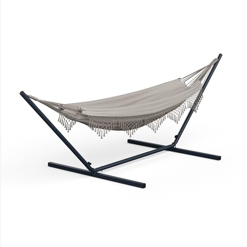 blumfeldt SwayStation Hängematte – Outdoor & Indoor Hängematte, 100 kg Tragfähigkeit, Wetterbeständig Mit Rostfreien Haken, Komfortabler Polyester/Baumwolle, Boho Design, Creme
