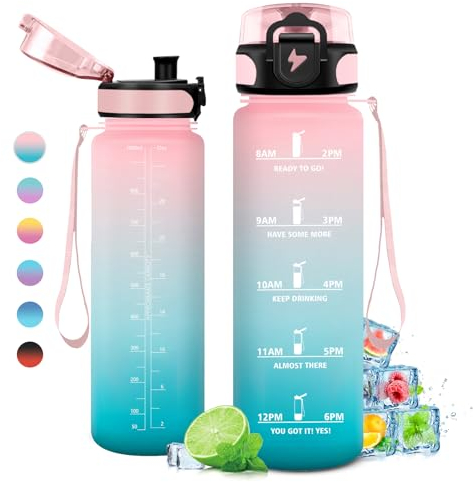 Gourde 1L, Gourde Sport, Étanche et Réutilisable, Bouteille d'eau 1 Litre avec Marqueur de Temps et Filtre, Bouteille pour Adulte, l'école, Cyclisme, Voyage, Camping, Fitness, Yoga, Bureau, Gym