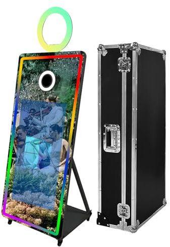 Magischer Spiegel für Selfie-Fotoautomaten, 109,2 cm (43 Zoll) Touchscreen, RGB-Ringlichter und LED-Rahmen, tragbar für Hochzeiten, Partys, Veranstaltungen, Flugkoffer (schwarz, 165,1 cm (43 Zoll)