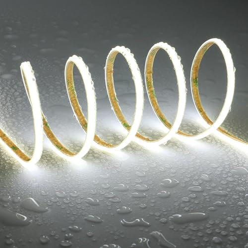 TOPAI 12V COB LED Streifen 5M Kaltweiß Schmal 5mm Wasserdicht, Flexible LED Strip 6000K Aussenbereich, CRI>90 400LED/M Selbstklebend LED Band Schneidbar (Produkt ohne Netzteil)