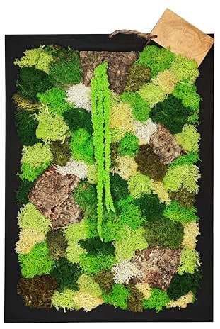 Quadro da Parete Rettangolare con Muschio e Licheni Stabilizzato Vero EcoMosaico, Dimensione 35x50 cm, Cornice in Legno Naturale, Decorazione da Parete Verde per Soggiorno, Arredo Naturale