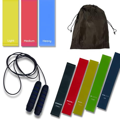 Bandas Elasticas + Gomas Elasticas Fitness y Comba de Saltar, Set de Bandas de Resistencia + Cintas Elasticas Fitness y Cuerda de Saltar. Kit de Gimnasio en Casa, para Calistenia y Cardio.