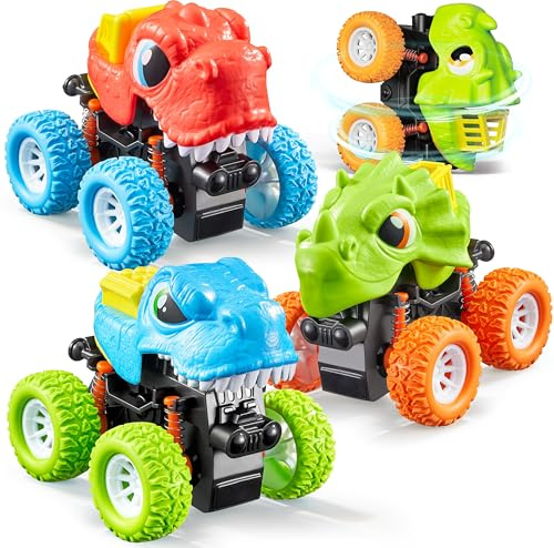 lalalark Dinosaur Toys for 2 3 4 5 Year Old Boys - 3 Pack Monster Truck Toys with Friction Power 360° Rotating Push and Go Cars - Bumping Up and Down Action, Christmas Birthday Gifts for Kids 3-5