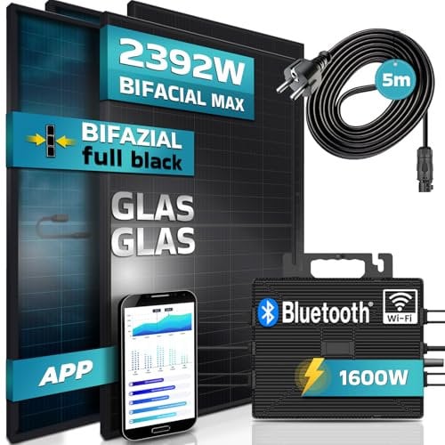 SUNNIVA® 1840W Balkonkraftwerk BIFAZIAL FULLBLACK komplett Steckdose ASTRO-E 1600W Wechselrichter, PV Solaranlage, 4x 460W Glas-Glas Solarmodule, inkl. 5m Kabel, Bluetooth WIFI, Komplettset