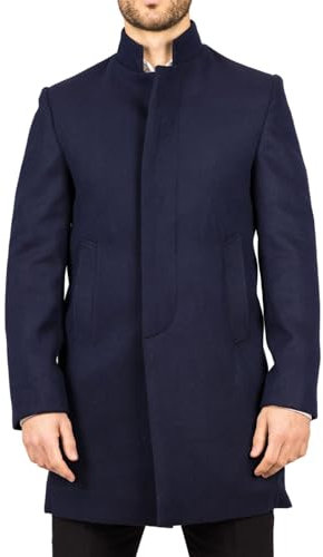 Men's Overcoat Stand Collar Wool Blend Classic Trench Coat Winter Jacket - Navy 3XL