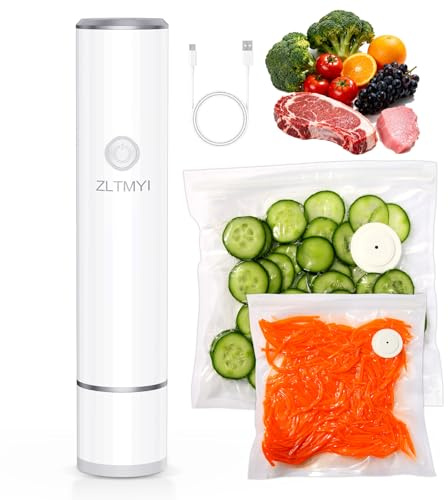 Handheld Vacuum Sealer for Food, 65kPa Portable Vacuum Pump with 20 BPA-Free Reusable Food-Grade Bags, Type-C Rechargeable for Meal Prep, Leftovers, Freezer Storage, Sous Vide & Containers