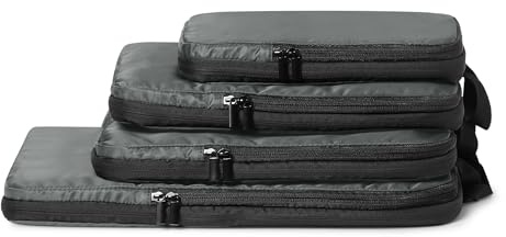 Amazon Essentials Packwürfel Kompression, Ultraleichte Organizer mit Reißverschluss, Recyceltes rPET, 4er-Pack, Grau, für Reisen