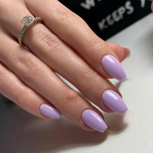 SXVME Lilac Press on Nails Short Medium Coffin Acrylic False Nails Short Ballerina Natural Fake Nails Set Elegant Solid Color Glossy Gel Stick on Nail for Women Daily Wear 24 Pcs