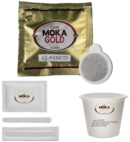 Cialde Moka Gold Linea Oro - 150 Cialde Caffè dal Gusto Raffinato - Miscela Arabica - Confezione Zucchero, Palettina, Bicchierino - Campania - Torrefazione Artigianale
