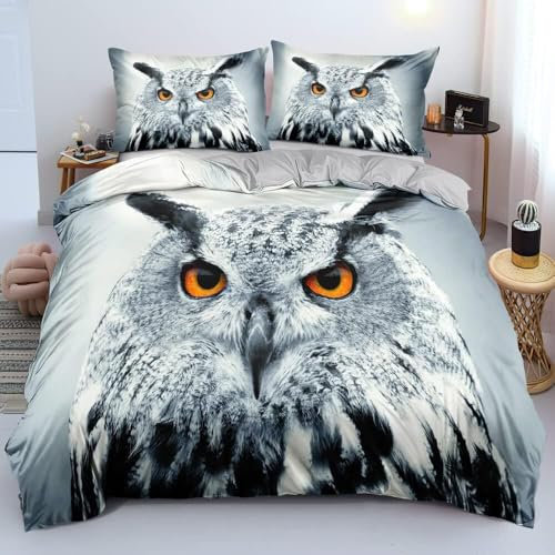 Luowei Tier Bettwäsche 200x200cm Kinder Jungen Eule Motiv Weiß Mikrofaser Bettbezug Set Weich 3D Effekt Bettwäsche 3teilig mit Reißverschluss und 2 Kissenbezug 80x80 cm