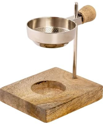 LivuX Räucherstövchen aus Messing vernickelt – Höhe 11 cm verstellbar – Mit Sieb Ø 5 cm, Holzgriff & Holzbasis – Für Teelicht & Weihrauch 1227