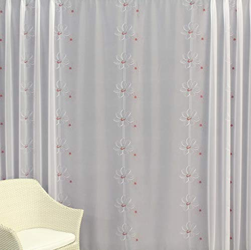 EASYHomefashion Gardine nach Maß maßgefertigte Fertiggardine Voile Store Deko Schal mit Stickerei Modell Garda ROT 175 x 300 cm (HöhexBreite)