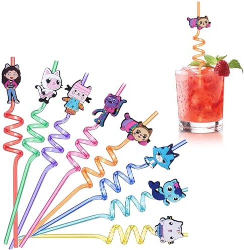 KEWUF Paille Enfant, 8 Pièce Pailles Reutilisable, Straws Plastique Colorées, Pailles Spirales de Dessins Animés pour Fêtes Anniversaire Enfants