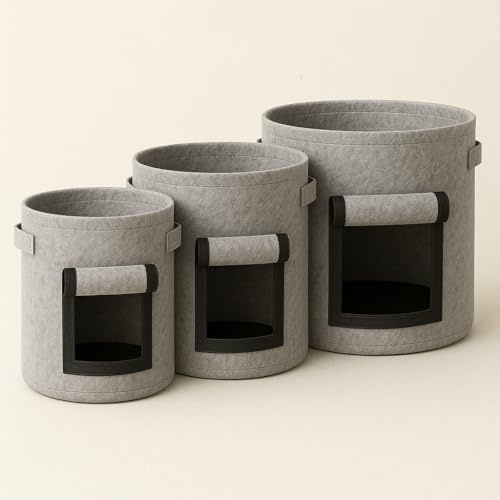 EMPA® Pflanzsack Grau 3 Stück Groß, mittel & klein | Extra Robust | aus Vlies mit Fenster | stabile Griffe | Pflanztasche | Sichtfenster | leicht | waschbar | Kartoffelpflanzgefäß | für Innen & Außen