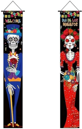 Dinntty 2 Stücke Tag Der Party Banner Veranda Zeichen Dia De Los Muertos Veranda Dekorationen Skeleton Couplets Mexiko Willkommen Hängen Banner