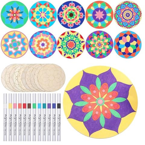 Tagtight 22 Pcs Wooden Mandala Painting Set, DIY Window Art Craft Kit, 10 Mandala Unfinished Wood Cutouts with 12 Markers, DIY Blank Suncatchers Wooden Crafts to Paint for Party Decor