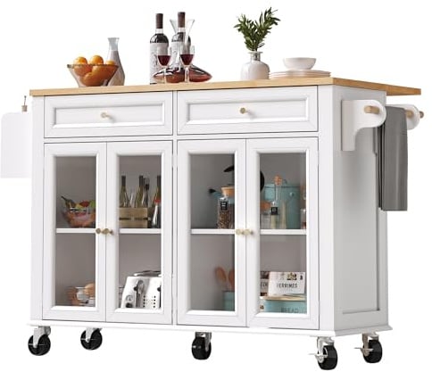 FammyLoft Kücheninsel auf Rollen, Ausziehbarer Kücheninsel mit Glastüren, Küchenrollwagen mit Holzmaserung & Großem Stauraum für Küche, Esszimmer, Mobiler Buffetschrank, Weiß