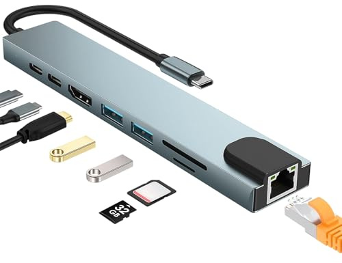 8 in 1 USB C Hub, USB C Hub Multiport Adapter mit 4K@30Hz HDMI 100W PD | RJ45 Ethernet, USB 3.0, USB 2.0, Typ C Hub, SD&TF Kartenleser für MacBook Air Pro Huawei Samsung Dell XPS HP