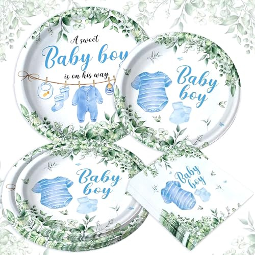 Greenery Baby Shower Plates Napkin Blue Baby Boy Party Tableware Dinnerware | A Sweet Boy is On His Way Paper Plates for Gender Reveal Party Supplies Serve 20 Guests