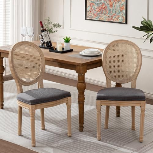 SoarFlash Französische Esszimmerstühle 2er Set, Rattan Rundlehne, Massivholz Beine, Landhausstil Vintage Stühle, Leinenpolsterung, Grau, für Esszimmer Küche Schlafzimmer