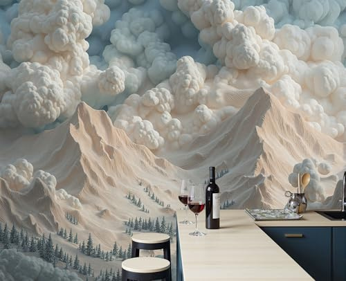 3D Papier Peint Montagnes Mer De Nuages Reliefs Beige Papier Peint Panoramique Pour Salon Chambre Salon Mural Fresque Poster Xxl Paysage Naturel En 3D Fond Décoration Murale 200X140Cm (L X H)