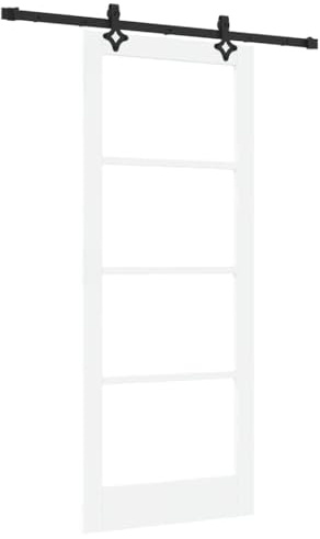 QJBSAVVA Porta scorrevole bianca, 83 x 202 cm, set completo con binario, in legno massello di pino e vetro, porta salvaspazio per interni, design moderno, con set di accessori