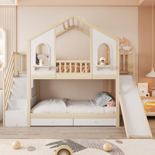 luckdect Lit cabane 90x200 avec Toboggan, Lit Superposé 90x200 Cm avec Toitet et Fenêtre, 2 tiroirs, Lit Mezzanine avec échelle de Rangement, Cadre en Bois,lit superposé 2 Places, lit Double