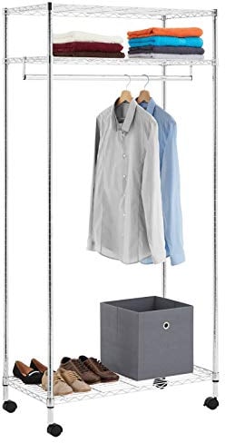 IDIMEX Garderobenwagen Brindisi, 3 Ablageflächen & Kleiderstange - mobiler, Kleiderständer auf Rollen [150kg Traglast], Rollgarderobe, Chrom