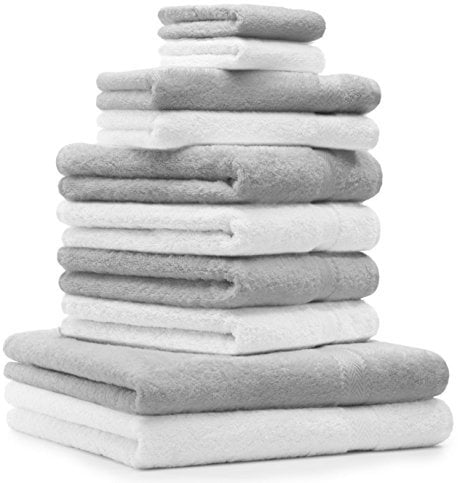 Betz 10-TLG. Handtuch-Set Premium 100% Baumwolle 2 Duschtücher 4 Handtücher 2 Gästetücher 2 Waschhandschuhe Farbe weiß und Silbergrau