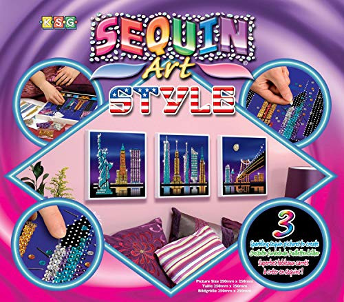 MAMMUT 8081417 - Sequin Art Style 3 Paillettenbilder New York, Bastelset mit 3 Styropor-Rahmen, 3 samtige Bildvorlagen, Pailletten, Steckstiften, Anleitung, für Kinder ab 8 Jahre