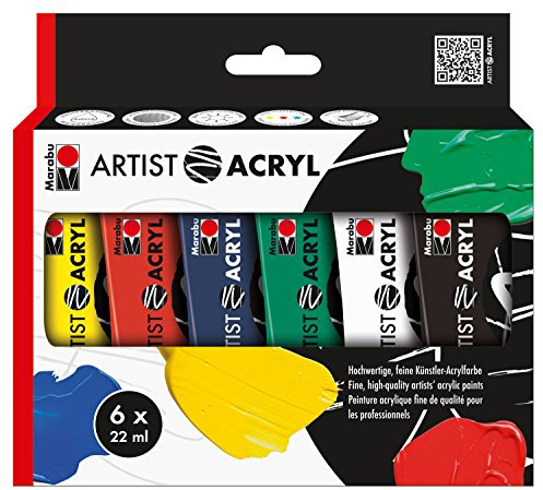 Marabu 1220000000091 - Artist Acryl Sortierung, Set, feine Acrylfarbe in Künstlerqualität, auf Wasserbasis, pastose Konsistenz, hoch pigmentiert, sehr gute Brillanz und Deckkraft, 6 x 22 ml