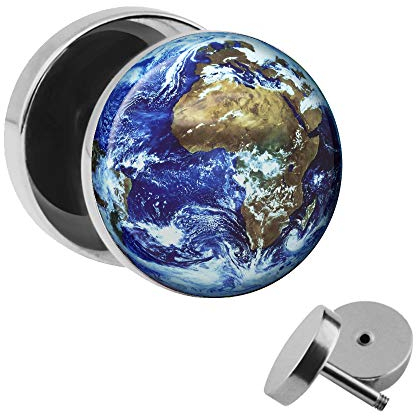 Treuheld | Ohrstecker zum Schrauben - die ERDE - der BLAUE PLANET - schwarz-grau - Motiv Fake-Plug Ø 10mm Silber - Edel-Stahl Ohr-Ringe - Chirurgen-Stahl 316L Fake-Tunnel - Gewinde Ohr-Stecker