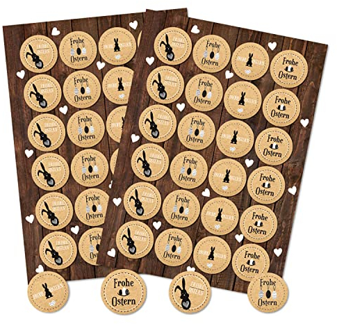 Aufkleber Set Ostern: 48 Runde Ostersticker, Hochwertiger Druck, Weiß/Schwarz/Natur mit Osterhasen & Frohe Ostern Schriftzug, Selbstklebend, Für Geschenke, Tüten & Karten, Made in Germany, ⌀ 4 cm