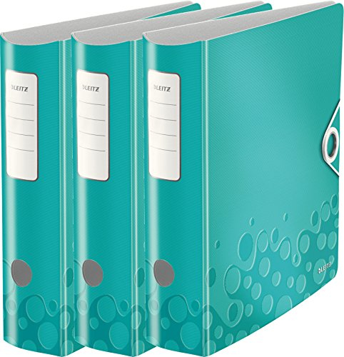 Leitz Aktenordner, A4, elastischer Verschluss, leichter Polyschaum, WOW Reihe, Metallic Ice Blue, 3er Ordner | breit