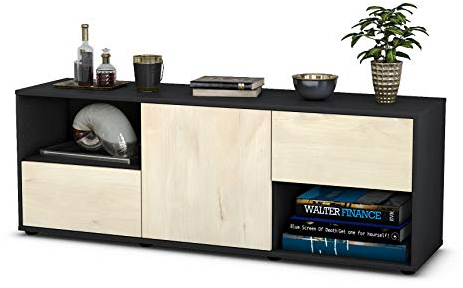 Stil.Zeit TV Schrank Lowboard Ambra, Korpus anthrazit matt, Front Holz Design Zeder (135x49x35cm), Push to Open Technik & Leichtlaufschienen